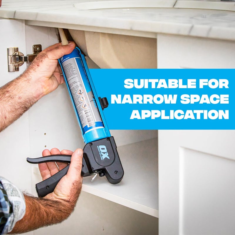 OX Tools Rodless Caulk Gun - 7:1 Thrust Ratio, Foldable Belt Clip, Patented Design, Compact for Tight Spaces, Reinforced Carriage, Glass Filled Nylon Handle, 13 1/2" Length, 10 oz Capacityâ€¦ - Image 3